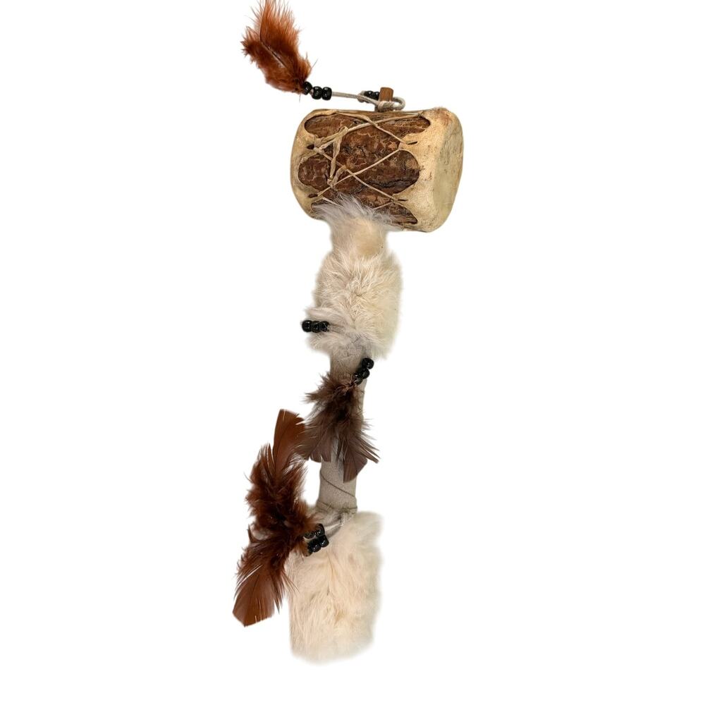 Handmade Monacan Indian Native American Hand Drum 14" Shaker Beaded Fur Feather